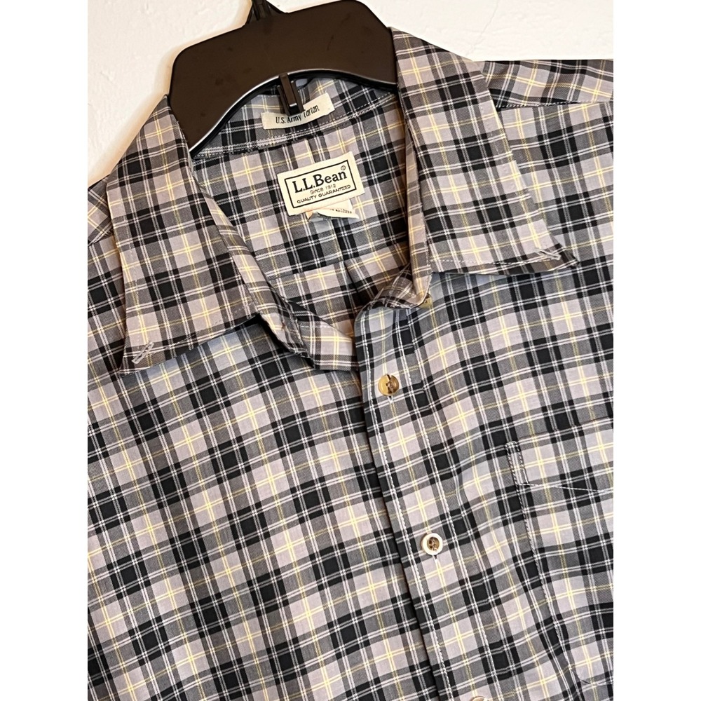 LL Bean Men's XL Tall US Army Tartan Plaid Button Down Shirt Grey Black Cotton